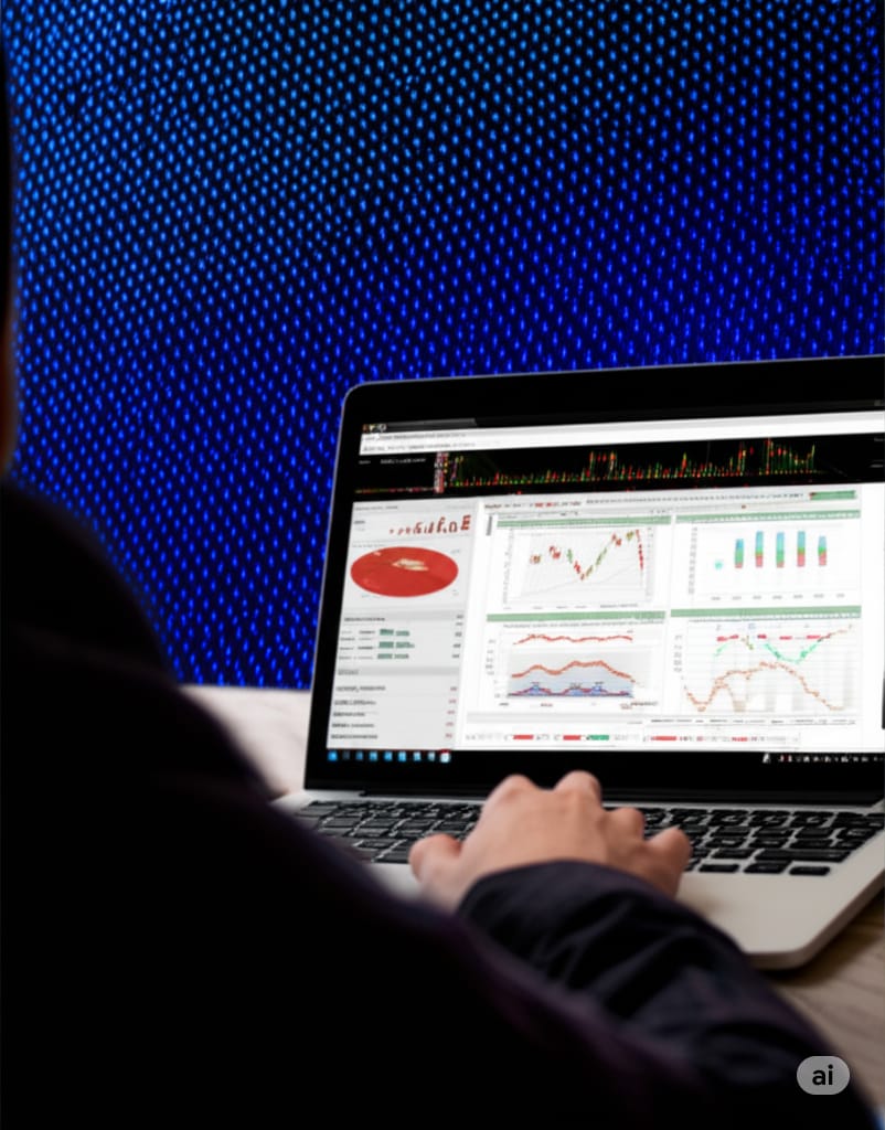 Persona con un profesional de trading discutiendo estrategias frente a una pantalla con gráficos.